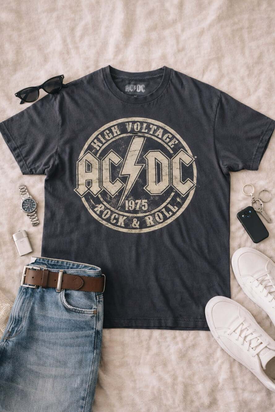 Y2K AC/DC Band Tee Distressed‎ Rock Graphic Black Size M